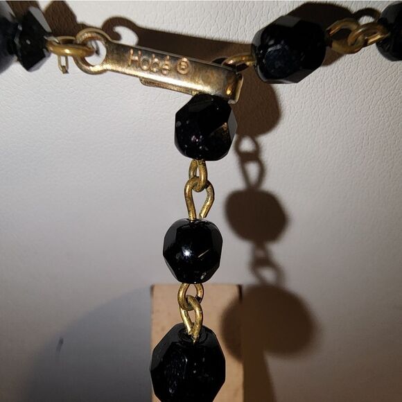 HOBE BLACK GOLD SILVER STREAKED BEAD BARREL SHAPE NECKLACE 14"+3" VTG - Picture 6 of 8